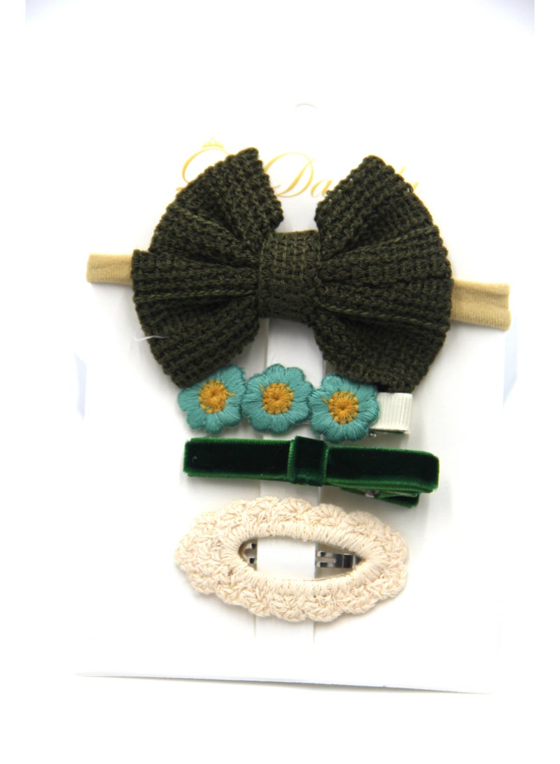 دىدانيالا طقم مشابك شعر فيونكة بشريط مع توكة شعر للبنات والأطفال - زيتوني - Image 2