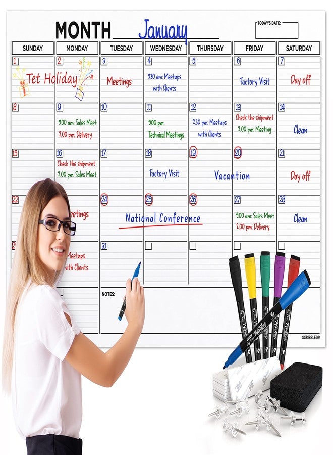 Scribbledo Large 36"x48" White Board Calendar Blank Dry Erase Calendar for Wall Big Dry Erase Wall Calendar Monthly Large Wall Calendar Dry Erase Board Planner Includes 6 Markers Eraser Push Pins & Mounting Tape - Image 1