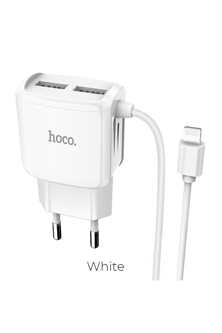 Hoco C59A Mega joy double port charger, For Lightning (EU) , Compatible With Samsung Huawei Xiaomi Oppo - White - Image 1