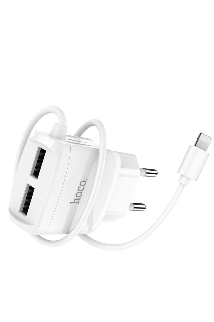 Hoco C59A Mega joy double port charger, For Lightning (EU) , Compatible With Samsung Huawei Xiaomi Oppo - White - Image 2