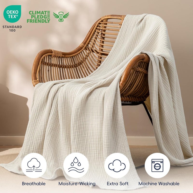 PHF 100% Cotton Muslin Blanket Twin XL Size 66"x90", 4-Layer Lightweight Gauze Throw, Breathable Cloud-Soft Minimalist Blanket for Bed, Couch, Camping & Baby, Oat Milk, Ideal Gift - Image 5