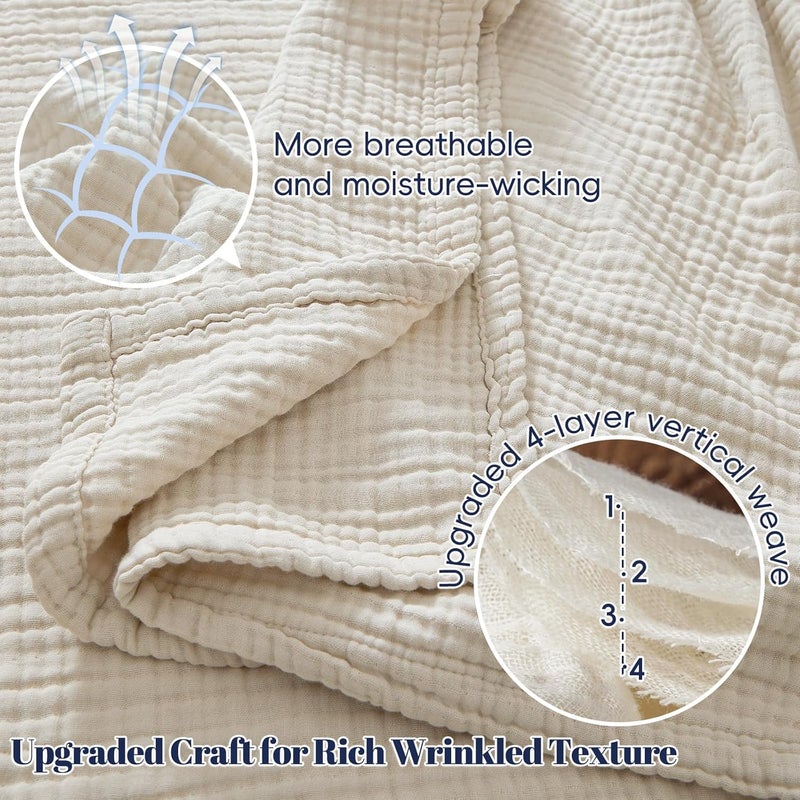 PHF 100% Cotton Muslin Blanket Twin XL Size 66"x90", 4-Layer Lightweight Gauze Throw, Breathable Cloud-Soft Minimalist Blanket for Bed, Couch, Camping & Baby, Oat Milk, Ideal Gift - Image 3