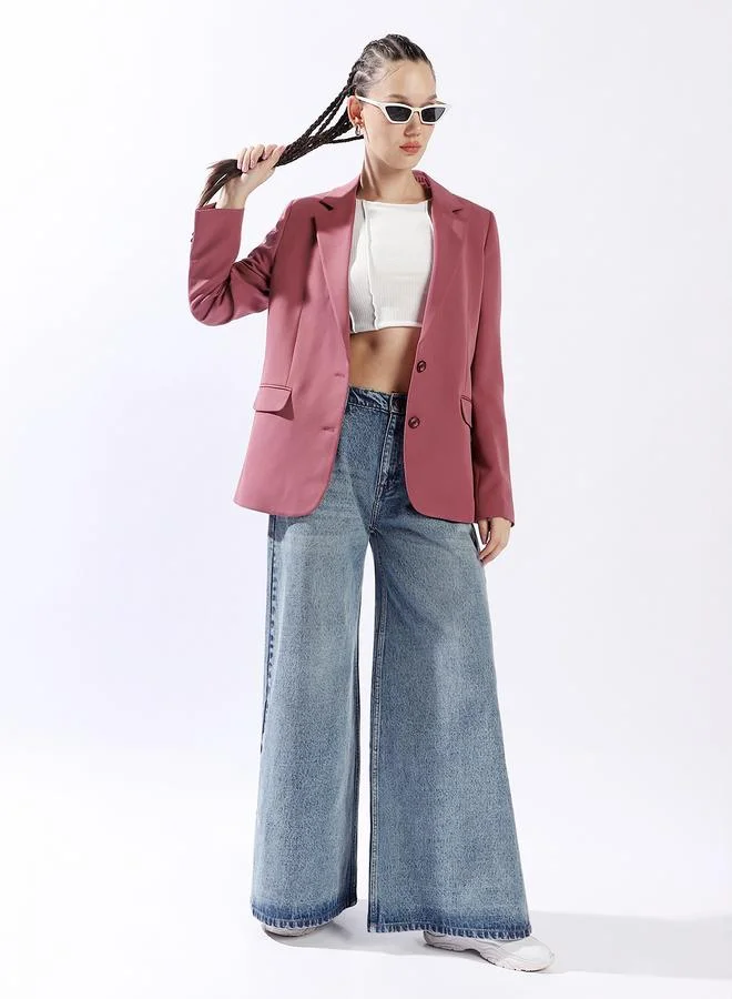 هوبرهولمي بليزر نسائي فضفاض بياقة وأزرار بلون ماجنتا من البوليستر بنسبة %