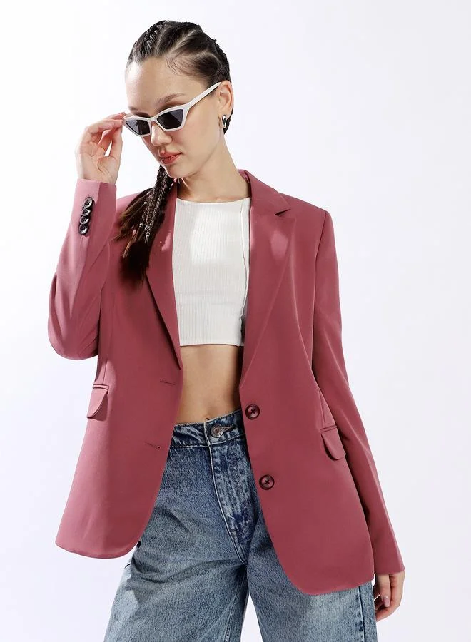 هوبرهولمي بليزر نسائي فضفاض بياقة وأزرار بلون ماجنتا من البوليستر بنسبة %