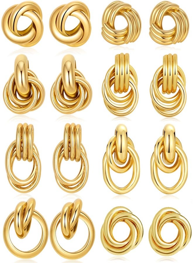 تورنيتو طقم مجوهرات تورنيتو مكون من 8 أزواج من أقراط العقدة الذهبية للنساء، أقراط متدلية طويلة بتصميمات هندسية ملتوية - Image 1