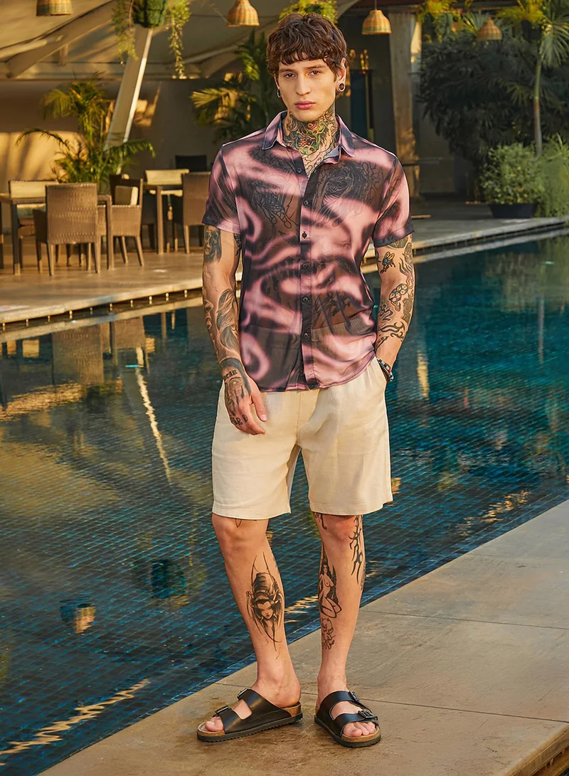 Campus Sutra Campus Sutra Men's Midnight Black & Violet Purple Blurred-Mesh Shirt For Casual Wear | Spread Collar | Short Regular Sleeves | Button Closure | Shirt Crafted With Comfort Fit For Everyday Wear