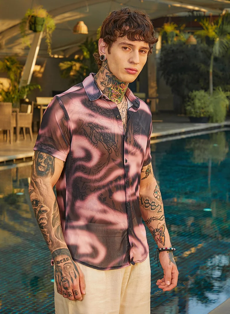 Campus Sutra Campus Sutra Men's Midnight Black & Violet Purple Blurred-Mesh Shirt For Casual Wear | Spread Collar | Short Regular Sleeves | Button Closure | Shirt Crafted With Comfort Fit For Everyday Wear