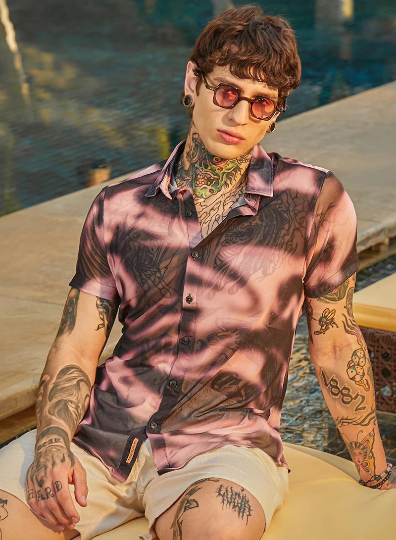 Campus Sutra Campus Sutra Men's Midnight Black & Violet Purple Blurred-Mesh Shirt For Casual Wear | Spread Collar | Short Regular Sleeves | Button Closure | Shirt Crafted With Comfort Fit For Everyday Wear