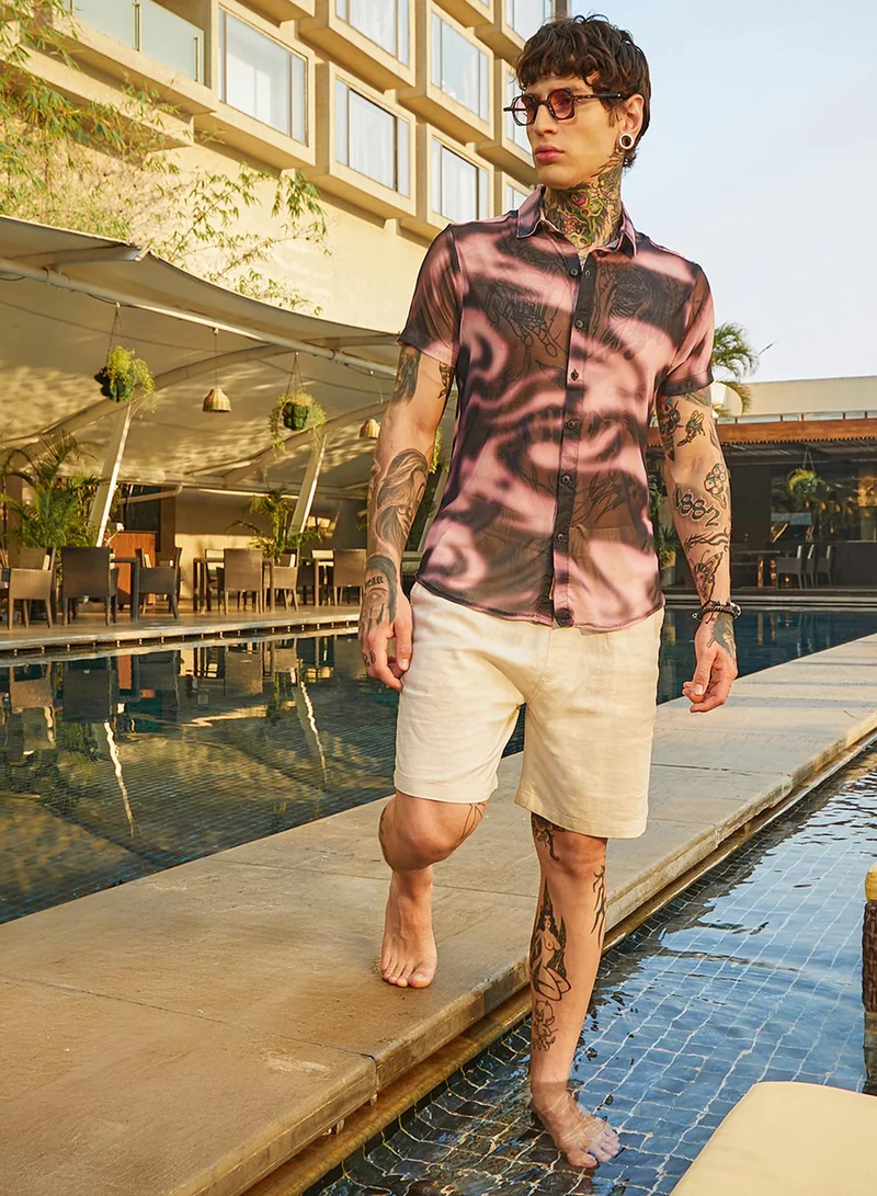 Campus Sutra Campus Sutra Men's Midnight Black & Violet Purple Blurred-Mesh Shirt For Casual Wear | Spread Collar | Short Regular Sleeves | Button Closure | Shirt Crafted With Comfort Fit For Everyday Wear