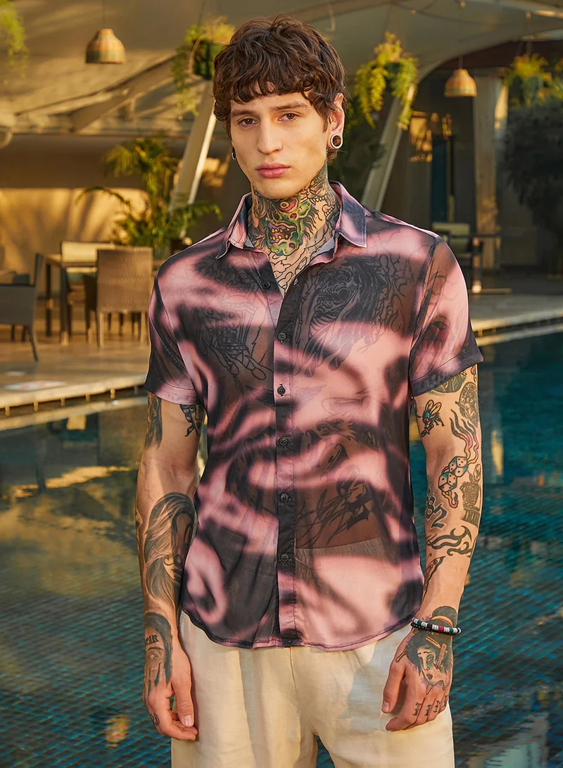 Campus Sutra Campus Sutra Men's Midnight Black & Violet Purple Blurred-Mesh Shirt For Casual Wear | Spread Collar | Short Regular Sleeves | Button Closure | Shirt Crafted With Comfort Fit For Everyday Wear