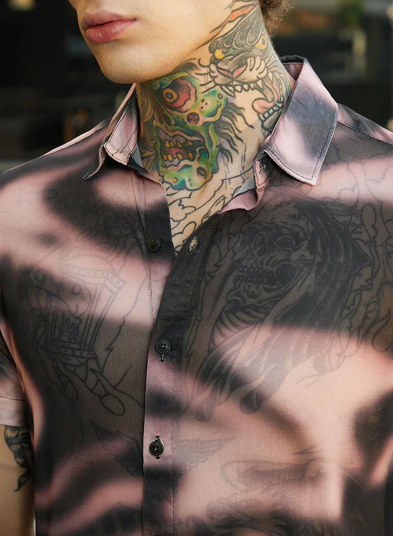 Campus Sutra Campus Sutra Men's Midnight Black & Violet Purple Blurred-Mesh Shirt For Casual Wear | Spread Collar | Short Regular Sleeves | Button Closure | Shirt Crafted With Comfort Fit For Everyday Wear