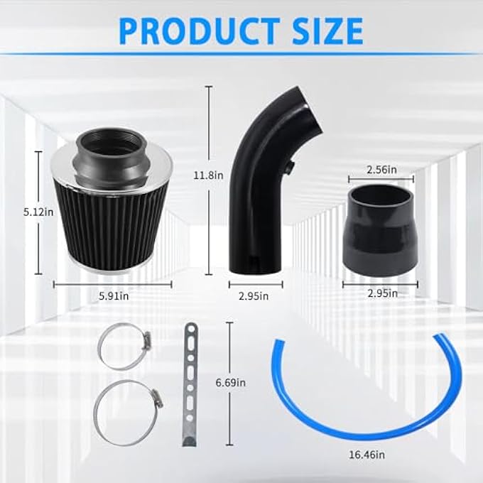 Tongze Black 3 Inch Universal Cold Air Intake Filter Kit with Stainless Steel Filter and Aluminum Alloy Pipe, Automotive Air Filter High Induction Flow (Black) - Image 2