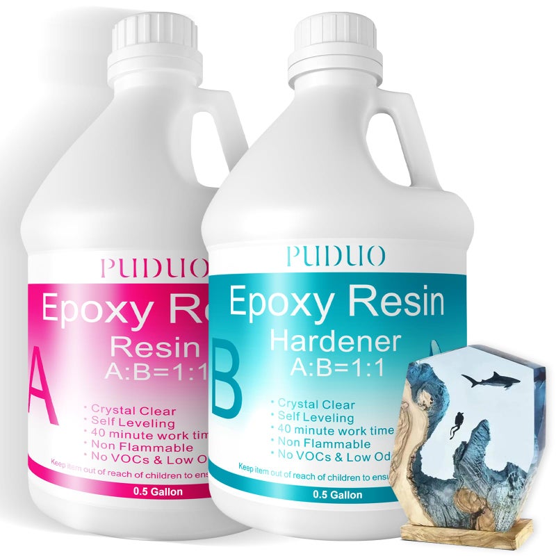 Puduo Epoxy Resin Crystal Clear Art 1 Gallon with Pump Kit for Coating, Casting, Art, Jewelry, Tabletop, Bar Top, Live Edge Tables, Fast Curing 2 Part Epoxy Kitï¼ˆ0.5Gal Resin and 0.5Gal Hardenerï¼‰ - Image 1
