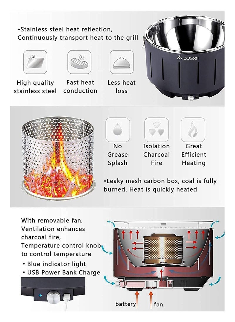 aobosi - Portable Barbecue Grill Charcoal Barbeque Stainless Steel Removable Table Grill BBQ with Travel Bag USB Battery Fan Temperature Control for Outdoor Camping - Image 1