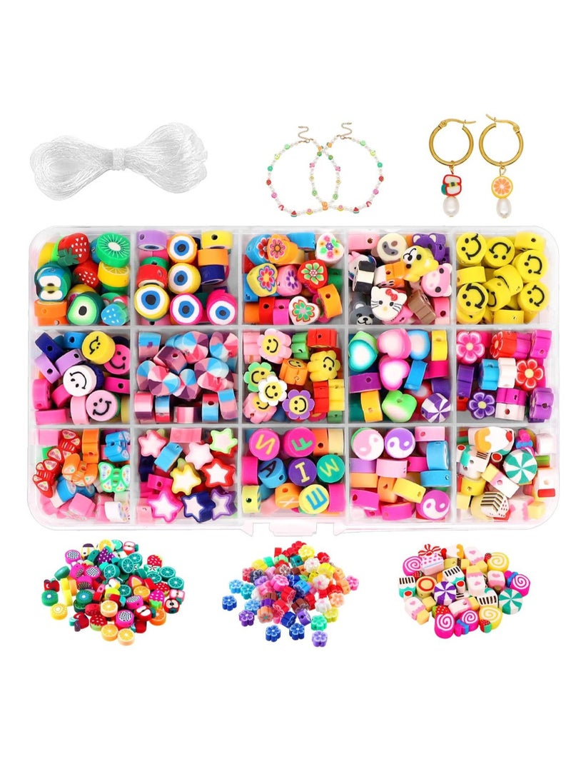 SYOSI Handmade Polymer Clay Beads 300PCS Fruit Smiley Beads 15 Styles Flower Letter Soft Beads for Women Girls Jewelry Making DIY Bracelet Necklace Earring Accessories with 4m Crystal Elastic String  - Image 1