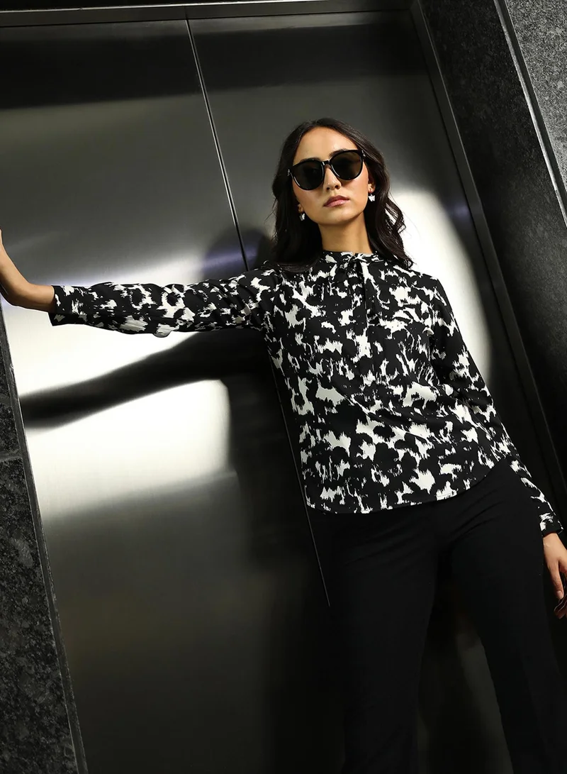 PINACOLADA  Women's Onyx Black & Ivory Black Abstract Tie-Up Top for Women | Best Price UAE