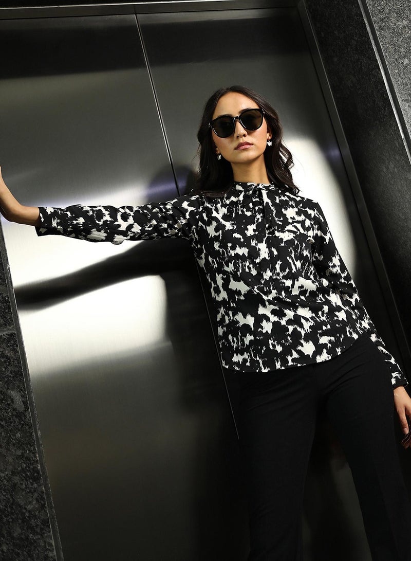PINACOLADA Women's Onyx Black & Ivory Black Abstract Tie-Up Top - Image 3