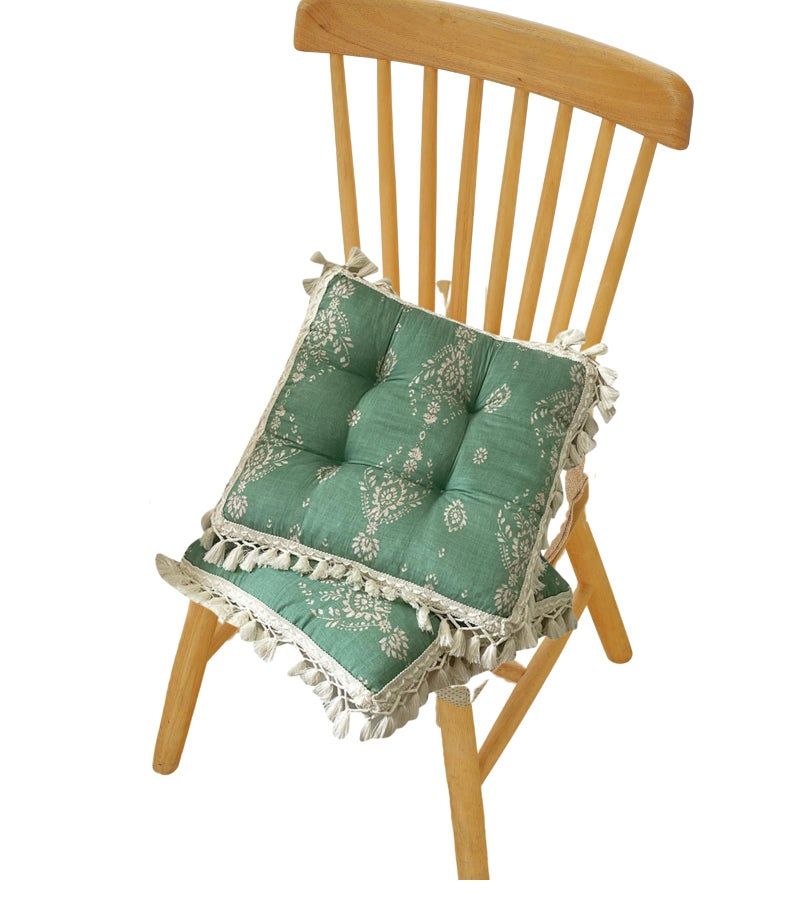 Huierxun Set of 2 Floral Printed Chair Pads with Tassels Cotton Linen Square Chair Cushions 17x17x3 Inch Seat Cushion for Living Room Kitchen and Officewooden Chair (Green,17"x17") - Image 2
