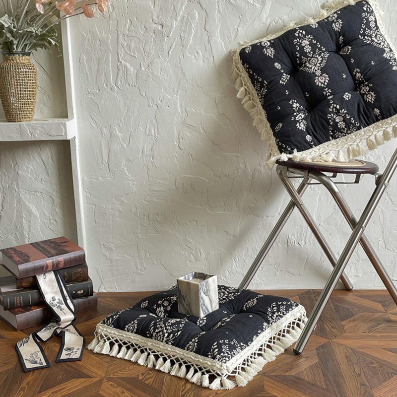 Huierxun Set of 2 Floral Printed Chair Pads with Tassels Cotton Linen Square Chair Cushions 17x17x3 Inch Seat Cushion for Living Room Kitchen and Officewooden Chair (Green,17"x17") - Image 3
