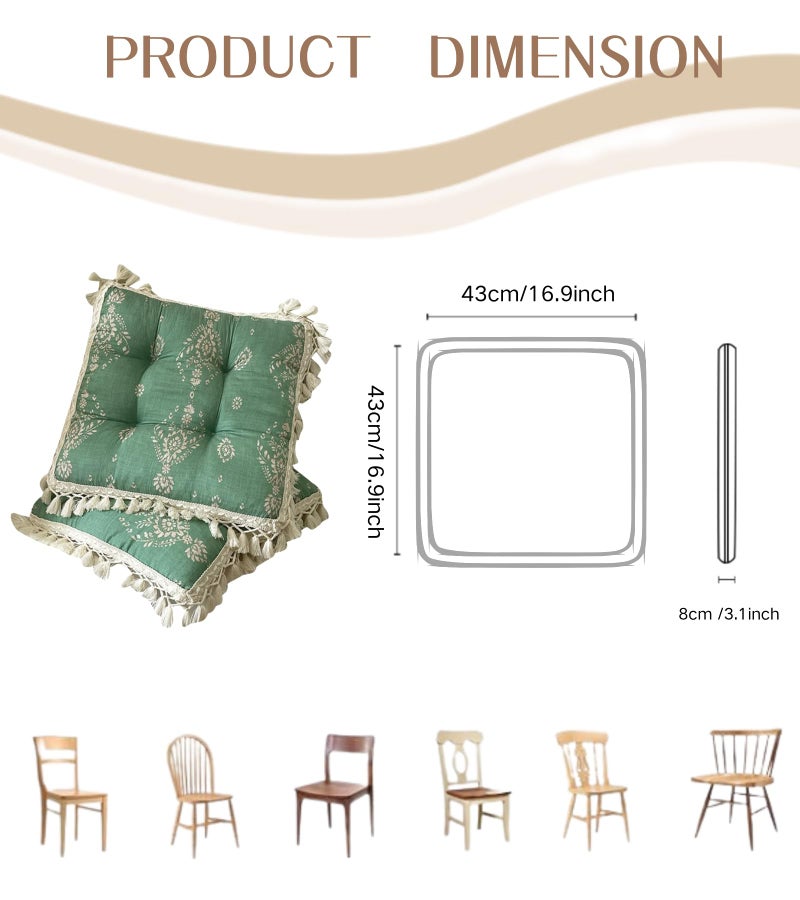 Huierxun Set of 2 Floral Printed Chair Pads with Tassels Cotton Linen Square Chair Cushions 17x17x3 Inch Seat Cushion for Living Room Kitchen and Officewooden Chair (Green,17"x17") - Image 4