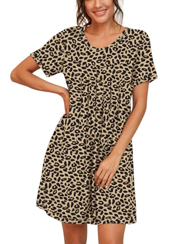 PrinStory Womens Sleepwear Short Sleeve Nightgown Soft Sleepshirt Pleated Nightshirt Scoopneck Casual Loungewear FP-Leopard Khaki-Large - Image 2
