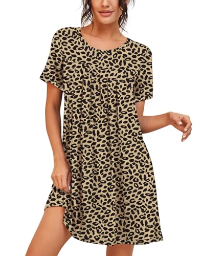 PrinStory Womens Sleepwear Short Sleeve Nightgown Soft Sleepshirt Pleated Nightshirt Scoopneck Casual Loungewear FP-Leopard Khaki-Large - Image 1