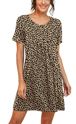PrinStory Womens Sleepwear Short Sleeve Nightgown Soft Sleepshirt Pleated Nightshirt Scoopneck Casual Loungewear FP-Leopard Khaki-Large - Image 3
