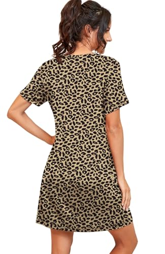 PrinStory Womens Sleepwear Short Sleeve Nightgown Soft Sleepshirt Pleated Nightshirt Scoopneck Casual Loungewear FP-Leopard Khaki-Large - Image 5