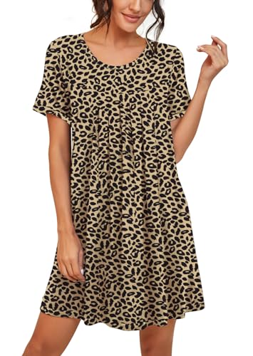 PrinStory Womens Sleepwear Short Sleeve Nightgown Soft Sleepshirt Pleated Nightshirt Scoopneck Casual Loungewear FP-Leopard Khaki-Large - Image 4