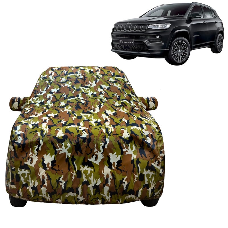 VYAS 100% Waterproof Car Body Cover for Jeep Compass (2017-2023) with Mirror Pocket Triple Stitched Belt & Buckle Fitting Dual Elastic, Durable Material Jungle Print Camouflage Design - Image 1