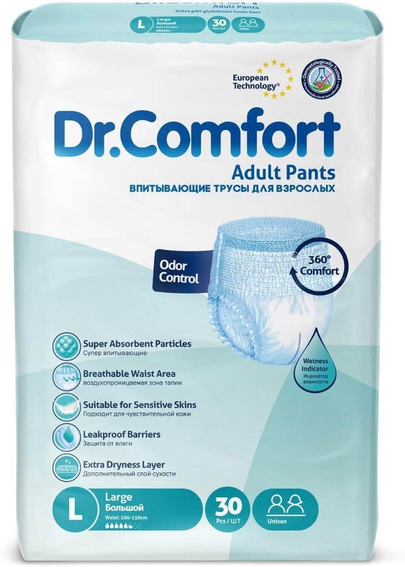 Dr. Comfort Adult Pants - Large Size, 30 Pieces, Unisex Absorbent Underwear for Incontinence Protection