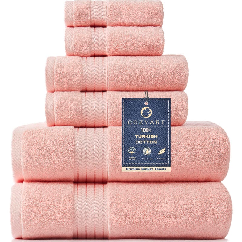 مجموعة مناشف الحمام COZYART الوردية 6 قطع 100% قطن تركي مناشف استحمام ناعمة ماصة 650 GSM فاخرة 6 قطع مع 2 منشفة استحمام 2 منشفة يد 2 قطعة قماش للغسيل