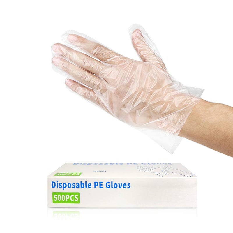 CFGROW 500pcs Disposable Plastic Gloves Latex Free Powder Free Clear Polyethylene Hand Gloves NonSterile for Cleaning Cooking Hair Coloring Dishwashing Food Handling Large 500 Count Pack of 1
