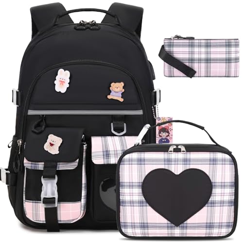 ACESAK Backpack for Girls - Bookbag Backpacks Schoolbag for Girls Kids Teen Women Casual Travel Daypacks - School Bag Elementary Middle School College Cute Backpack with Lunch Box (Black) - Image 1