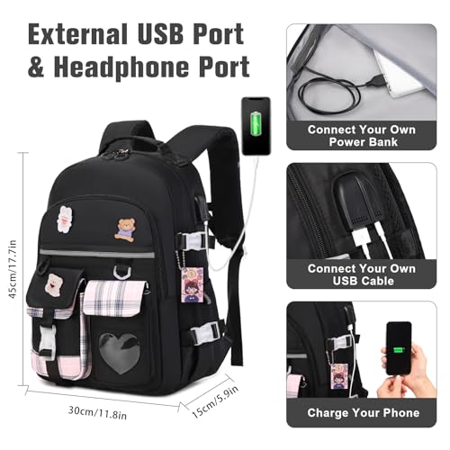 ACESAK Backpack for Girls - Bookbag Backpacks Schoolbag for Girls Kids Teen Women Casual Travel Daypacks - School Bag Elementary Middle School College Cute Backpack with Lunch Box (Black) - Image 3