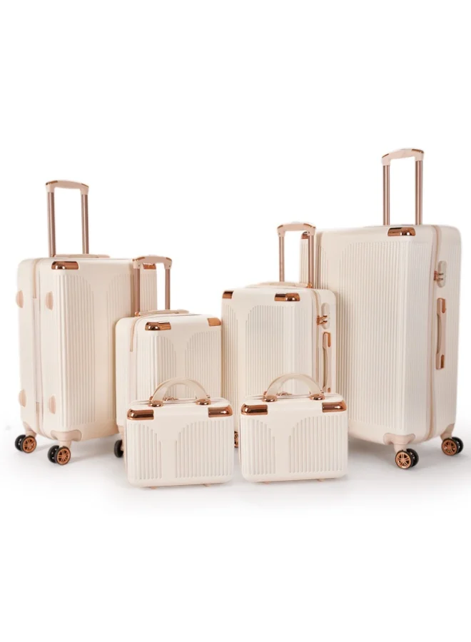 LIMRA Travel Bags 6-piece luggage set from LIMRA in elegant beige color. Crafted from durable yet lightweight pc material, featuring 360° spinner wheels, a telescopic handle, and a built-in lock for secure and effortless travel.