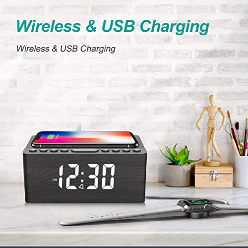 ANJANK Wooden Digital Alarm Clock FM Radio,10W Qi Certified Fast Wireless Charging Station for iPhone/Samsung Galaxy,5 Level Dimmer,USB Charger,9 Wake up Sounds, Bedroom, Bedside, Desk, Nightstand - Image 2