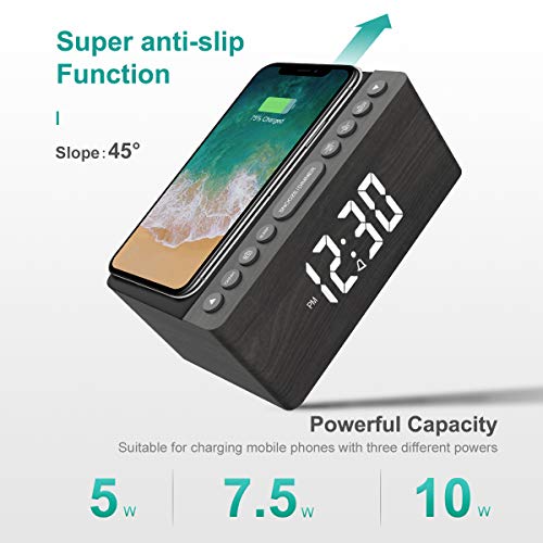 ANJANK Wooden Digital Alarm Clock FM Radio,10W Qi Certified Fast Wireless Charging Station for iPhone/Samsung Galaxy,5 Level Dimmer,USB Charger,9 Wake up Sounds, Bedroom, Bedside, Desk, Nightstand - Image 4