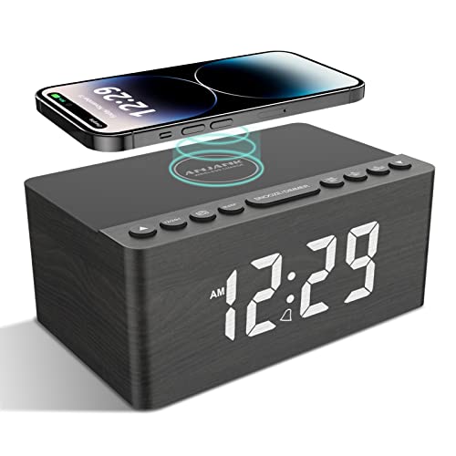 ANJANK Wooden Digital Alarm Clock FM Radio,10W Qi Certified Fast Wireless Charging Station for iPhone/Samsung Galaxy,5 Level Dimmer,USB Charger,9 Wake up Sounds, Bedroom, Bedside, Desk, Nightstand - Image 1