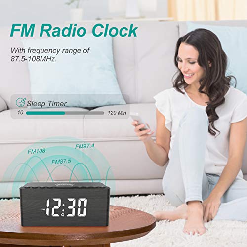 ANJANK Wooden Digital Alarm Clock FM Radio,10W Qi Certified Fast Wireless Charging Station for iPhone/Samsung Galaxy,5 Level Dimmer,USB Charger,9 Wake up Sounds, Bedroom, Bedside, Desk, Nightstand - Image 3