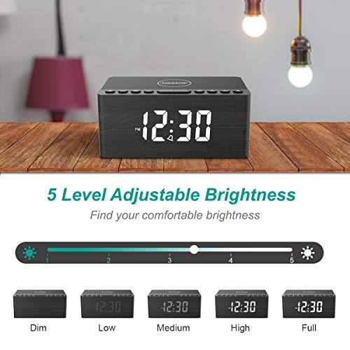 ANJANK Wooden Digital Alarm Clock FM Radio,10W Qi Certified Fast Wireless Charging Station for iPhone/Samsung Galaxy,5 Level Dimmer,USB Charger,9 Wake up Sounds, Bedroom, Bedside, Desk, Nightstand - Image 5