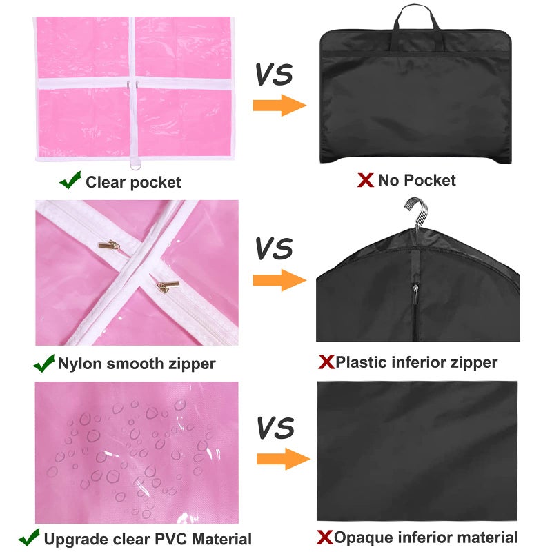 WJWSKI Pink Kids Dance Garment Bag for Hanging Clothes,37 Inch Waterproof PVC Travel Garment Bag with 3 Pockets for Dance Costumes,Sports,Skating,Theatre,Beauty Pageants & More - Image 4