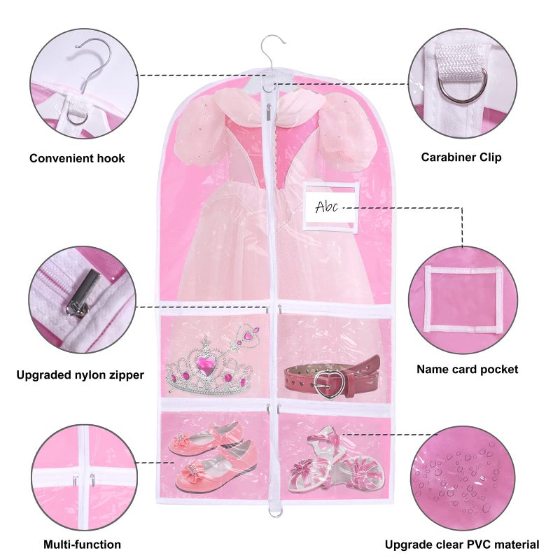 WJWSKI Pink Kids Dance Garment Bag for Hanging Clothes,37 Inch Waterproof PVC Travel Garment Bag with 3 Pockets for Dance Costumes,Sports,Skating,Theatre,Beauty Pageants & More - Image 3