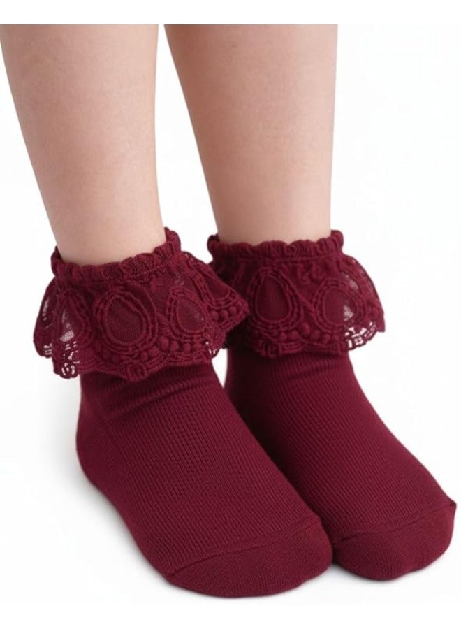 شوداي جوارب قطنية للبنات بتزيين دانتيل وكشكشة على الكاحل للفتيات الصغيرات - Image 1