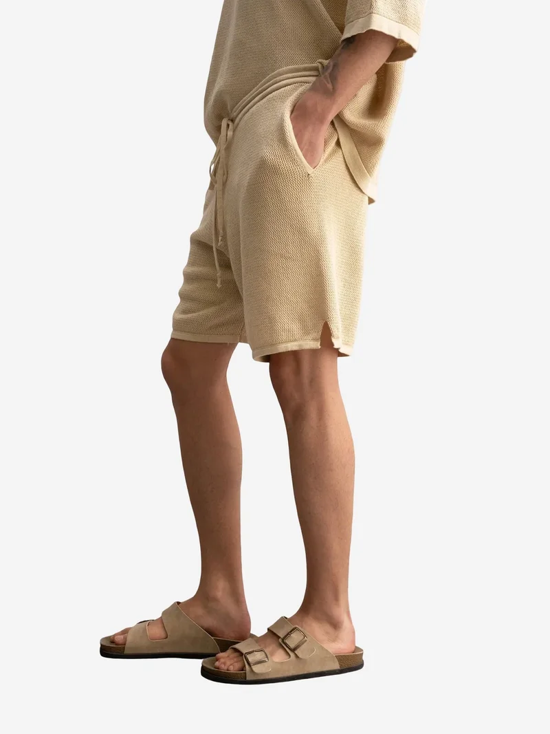 Giesto Beige Natural GIESTO Textured Knitwear Mid Waist Sweat Shorts for Men | Best Price UAE