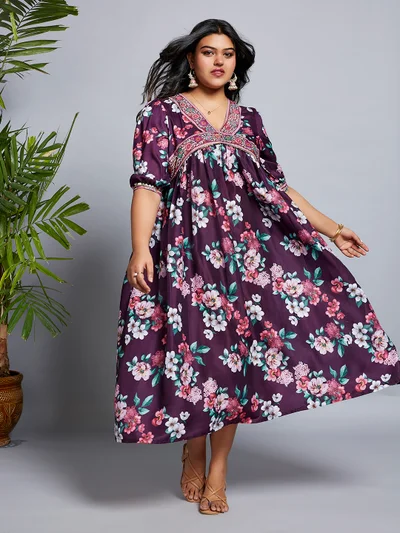 globus Globus Gloplus Women V-Neck Puff Sleeves Floral Print Lace Detailing A-Line Plus Size Midi Dress