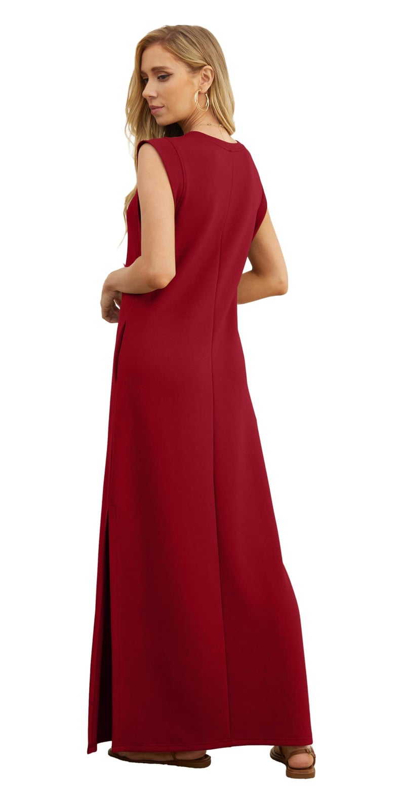 GRECERELLE Women's Summer Crew Neck Loose Split Casual Long Maxi Beach Dress with Pockets (Small, Wine Red) - Image 5