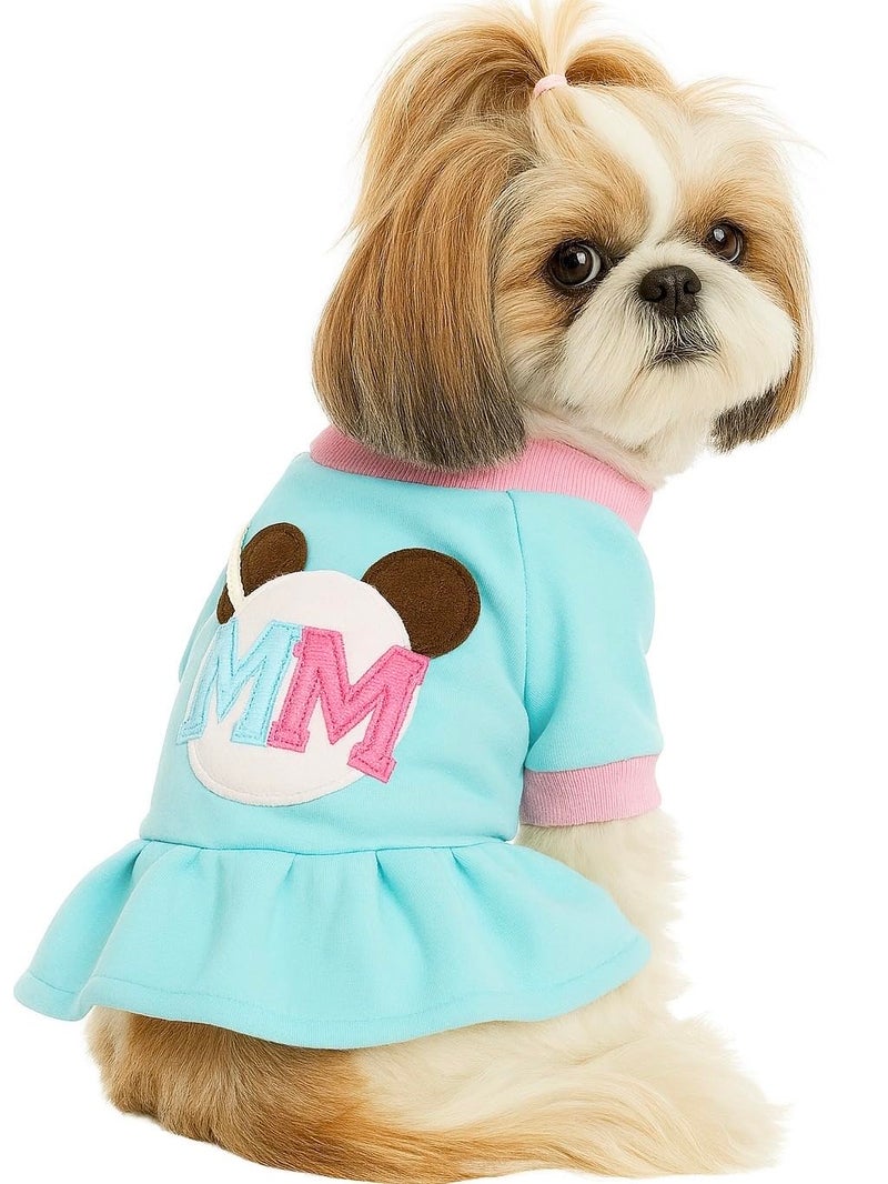 KUTKUT Letter Print Micky Mouse Cartoon Winter Fleece Fashion Frock for Puppy & Small Dogs (L#(Chest : 40cm, Length: 32cm), Pack of 1 (Turquoise)) - Image 1