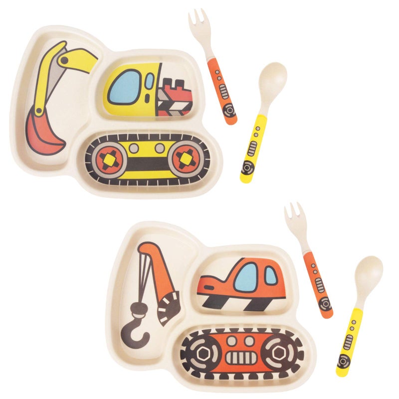 Kid Plate Set Toddler Plates Dinnerware Dinner Dish Set Baby Feeding Spill Proof Divided Plate  Baby Spoon and fork 3Piece Set Teaches Child Portion Control excavatorcrane