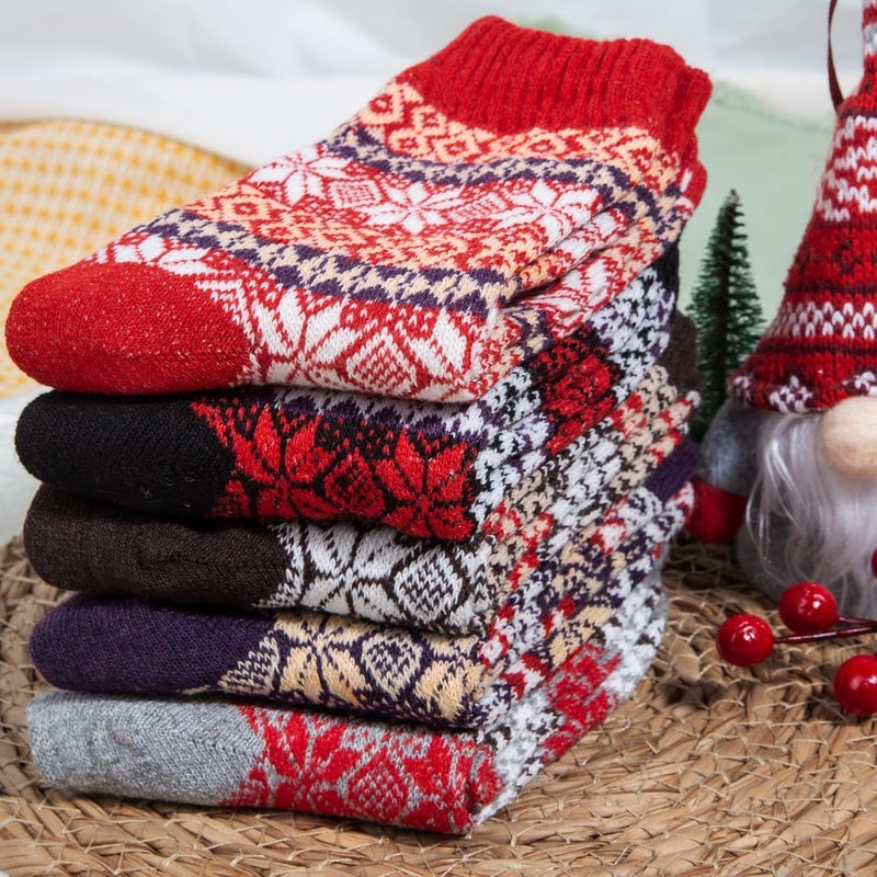 Luckam 5 Pairs Wool Socks for Women Gifts Vintage Winter Warm Thick Knit Cabin Cozy Crew Socks - Image 4